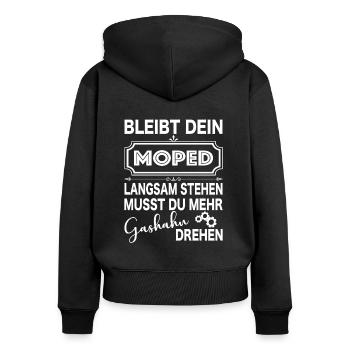 Moped, Mofa, Gashahn, Geschenkidee - Frauen Premium Bio Zip Hoodie - Schwarz - Hinten - Julia (174cm)