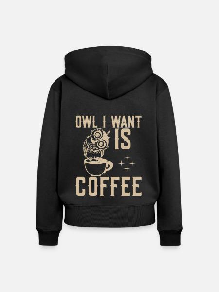 Eule Ich Will Kaffee - Frauen Premium Bio Zip Hoodie - Schwarz