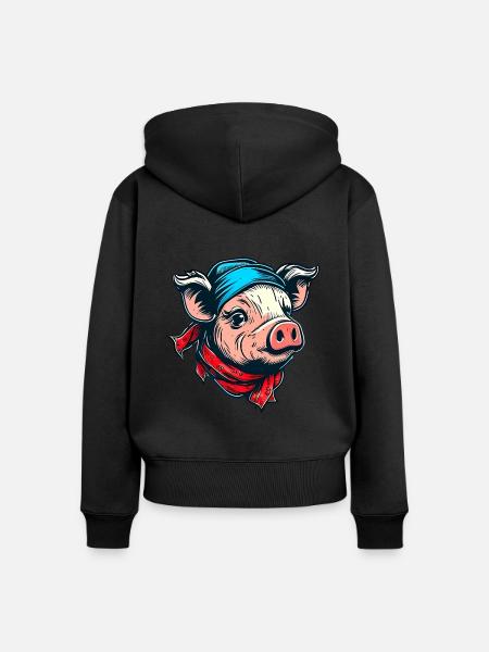 Schweinchen mit Kopftuch - Frauen Premium Bio Zip Hoodie - Schwarz