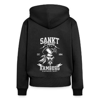 St Pauli Retro Piratenkopf Hansestadt Hamburg - Frauen Premium Bio Zip Hoodie - Schwarz - Hinten - Julia (174cm)