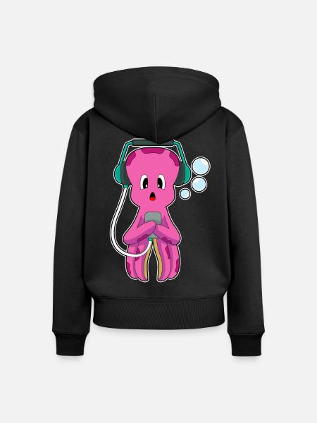 Krake Kopfhörer Musik - Frauen Premium Bio Zip Hoodie - Schwarz