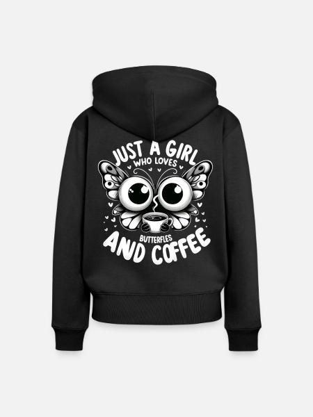 Kaffee Schmetterling Mädchen Spruch - Frauen Premium Bio Zip Hoodie - Schwarz