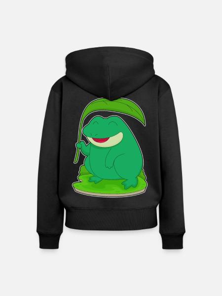 Frosch mit Blatt als Sonnenschirm - Frauen Premium Bio Zip Hoodie - Schwarz
