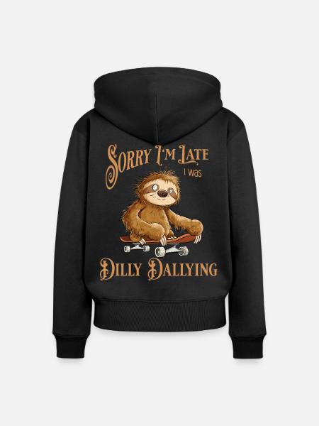 Faultier Mit Skateboard Dilly Dallying - Frauen Premium Bio Zip Hoodie - Schwarz
