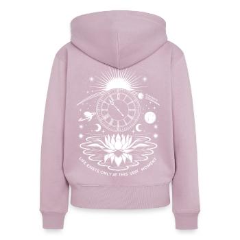 Gegenwärtiger Moment | Alan Watts Lotus Design - Frauen Premium Bio Zip Hoodie - Altrosa - Hinten - Julia (174cm)