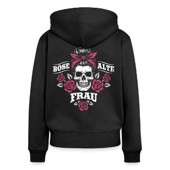 Böse alte Frau - Totenkopf - Rosen - Spruch - Frauen Premium Bio Zip Hoodie - Schwarz - Hinten - Julia (174cm)