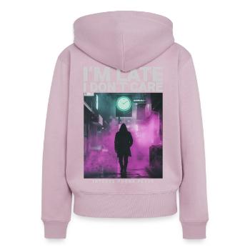 Dans la dernière montre I Dont Care, style streetwear - Sweat à capuche zippé Premium bio Femme - rose poudré - Dos - Julia (174cm)