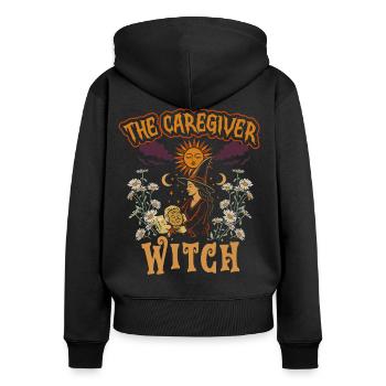 Aidant, Soins aux personnes âgées, La sorcière de l'aidant - Sweat à capuche zippé Premium bio Femme - noir - Dos - Julia (174cm)