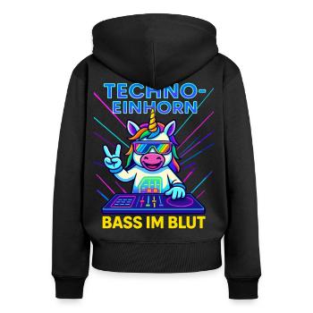 Techno licorne basse dans le sang - Sweat à capuche zippé Premium bio Femme - noir - Dos - Julia (174cm)