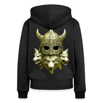 Wikinger Helm Wolf - Frauen Premium Bio Zip Hoodie - Schwarz - Hinten - Julia (174cm)