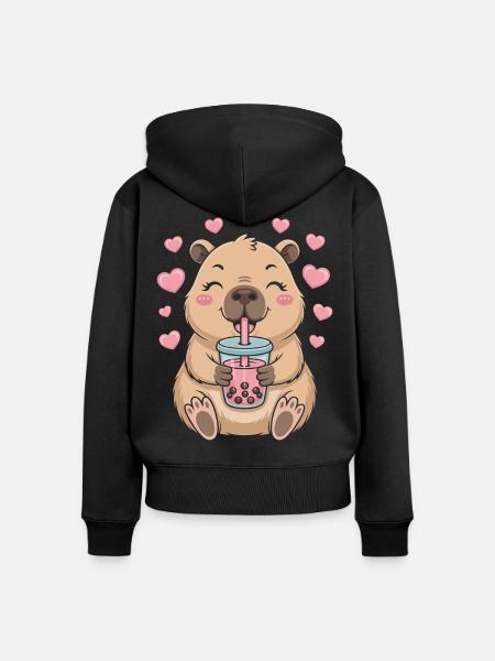 Kawaii Bubble Tee Capybara Boba Tee - Frauen Premium Bio Zip Hoodie - Schwarz
