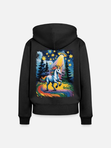 Leuchtendes Einhorn im Sternenrausch - Frauen Premium Bio Zip Hoodie - Schwarz