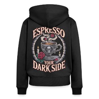 Espresso Your Dark Side – Dunkles Kaffee Shirt - Frauen Premium Bio Zip Hoodie - Schwarz - Hinten - Julia (174cm)