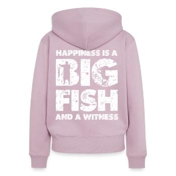 Gros Poissons Bonheur - Sweat à capuche zippé Premium bio Femme - rose poudré - Dos - Julia (174cm)