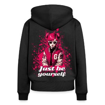 Écolière rose – Sois juste toi-même - Sweat à capuche zippé Premium bio Femme - noir - Dos - Julia (174cm)