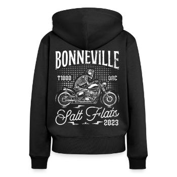 Bonneville Salt Flats Motorrad Geburtstag 2023 - Frauen Premium Bio Zip Hoodie - Schwarz - Hinten - Julia (174cm)