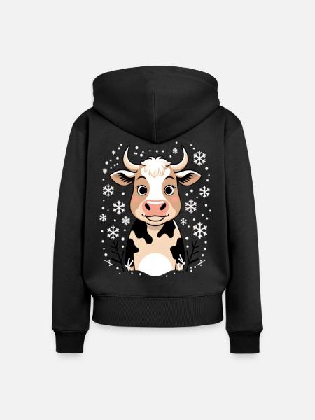Winterkuh mit Schneeflocken - Frauen Premium Bio Zip Hoodie - Schwarz