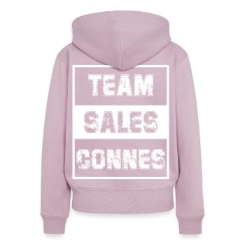 Team Sales Connes -  Polémique  Brigitte  - Sweat à capuche zippé Premium bio Femme - rose poudré - Dos - Julia (174cm)