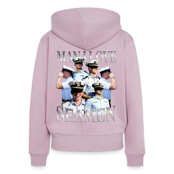 Mec, j’adore Seamen Bootleg inportable - Sweat à capuche zippé Premium bio Femme - rose poudré - Dos - Julia (174cm)