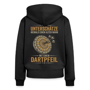 Alter Mann mit Dartpfeil – Unterschätz ihn nie! - Frauen Premium Bio Zip Hoodie - Schwarz - Hinten - Julia (174cm)