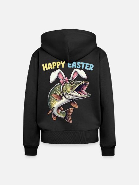 Osterfisch Hecht mit Hasenohren - Frauen Premium Bio Zip Hoodie - Schwarz