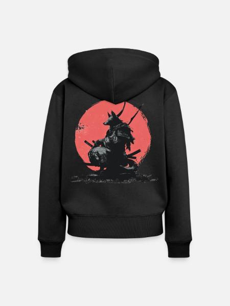 Wolf-Samurai auf Red Sun - Frauen Premium Bio Zip Hoodie - Schwarz