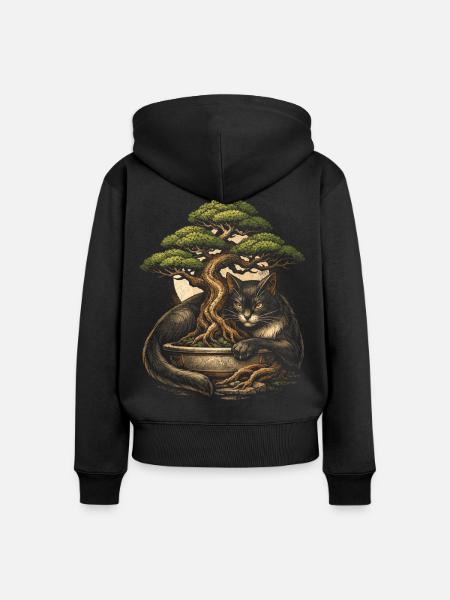 Bonsaibaum Mit Katze - Frauen Premium Bio Zip Hoodie - Schwarz