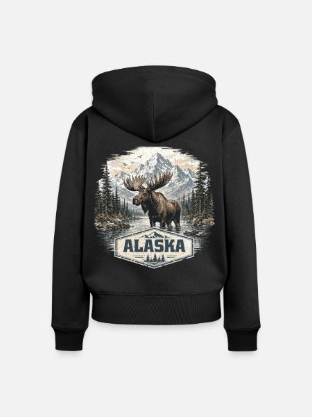 Alaska-Elch-Elche und Hirsche lieben Alaska - Frauen Premium Bio Zip Hoodie - Schwarz