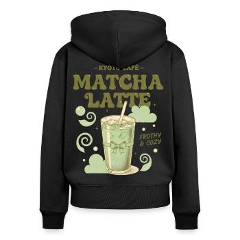 Kyoto Cafe Matcha Latte Schaumiger und gemütlicher Matcha-Tee - Frauen Premium Bio Zip Hoodie - Schwarz - Hinten - Julia (174cm)