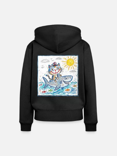 Katze reitet Haifisch - Frauen Premium Bio Zip Hoodie - Schwarz