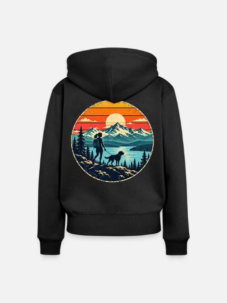 Wandern mit Hund – Wanderin Berge Retro - Frauen Premium Bio Zip Hoodie - Schwarz