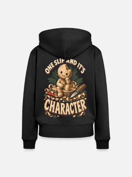 Holzschnitzerei One Slip And Its Character - Frauen Premium Bio Zip Hoodie - Schwarz