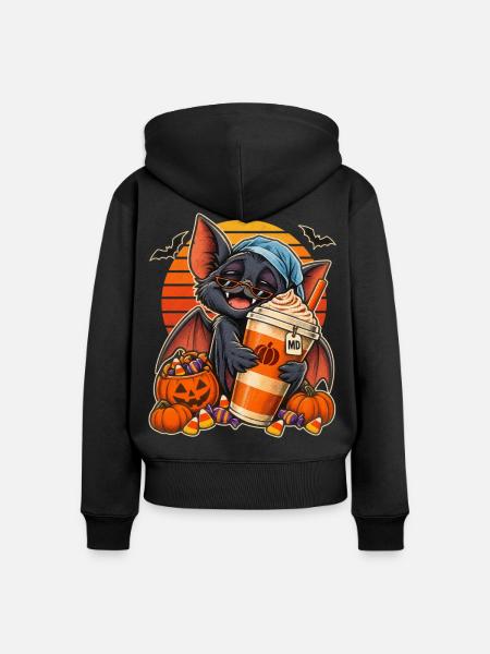 Halloween Fledermaus mit Kürbis-Kaffee - Frauen Premium Bio Zip Hoodie - Schwarz
