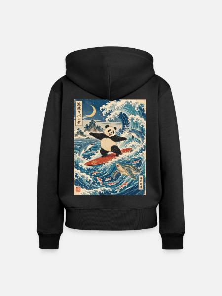 Panda, Surfen, Japanisch, Surfer, Pandabär - Frauen Premium Bio Zip Hoodie - Schwarz
