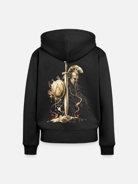 Spartanischer Schwert-Schildhelm Tinten-Kunstkrieger - Frauen Premium Bio Zip Hoodie - Schwarz