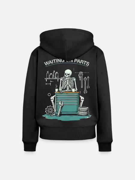 Lustiges Warten auf Teile-Mechaniker-Skelett - Frauen Premium Bio Zip Hoodie - Schwarz