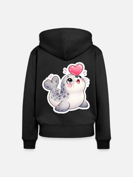Herzige Robbe mit Ballonherz - Frauen Premium Bio Zip Hoodie - Schwarz