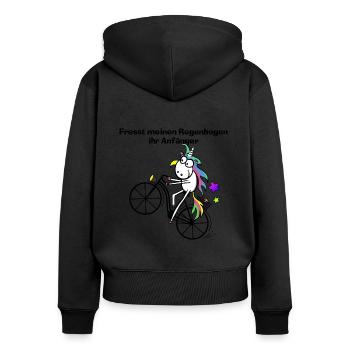Einhorn mit Fahrrad, Fresst meinen Regenbogen - Frauen Premium Bio Zip Hoodie - Schwarz - Hinten - Julia (174cm)