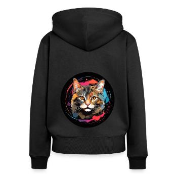 Portrait de chat mignon en technique d'aquarelle dans un cercle - Sweat à capuche zippé Premium bio Femme - noir - Dos - Julia (174cm)