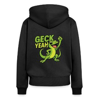 Geck Yeah Gecko Shirt - Frauen Premium Bio Zip Hoodie - Schwarz - Hinten - Julia (174cm)