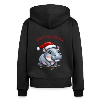 Moo Deng with Santa hat and skateboard - Women's Premium Organic Zip Hoodie - black - Back - Julia (174cm)
