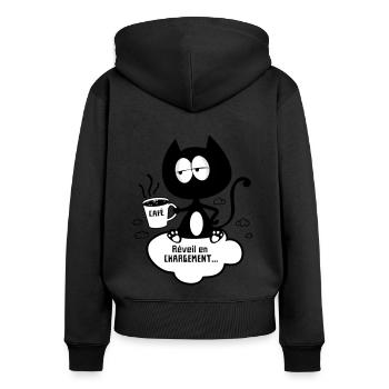 Chat fatigué avec café, réveil en chargement ! - Sweat à capuche zippé Premium bio Femme - noir - Dos - Julia (174cm)