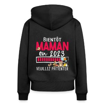 Maman 2023 Mère Bébé Naissance Cadeau Grossesse - Sweat à capuche zippé Premium bio Femme - noir - Dos - Julia (174cm)