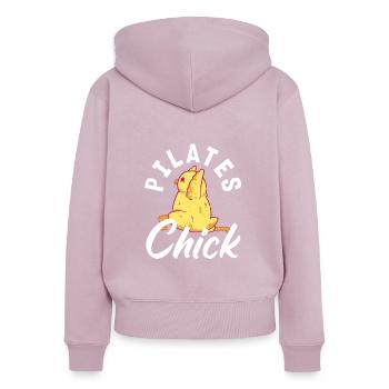 Pilates Poussin Humour Fitness Fun - Sweat à capuche zippé Premium bio Femme - rose poudré - Dos - Julia (174cm)