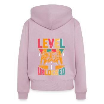 Niveau 1 Débloqué Génial depuis 2022 Funny Gamer - Sweat à capuche zippé Premium bio Femme - rose poudré - Dos - Julia (174cm)