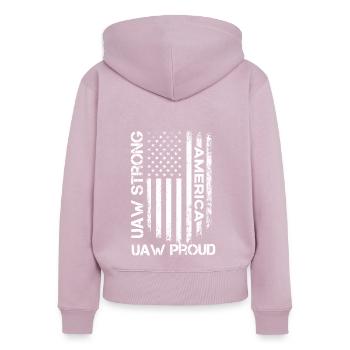 UAW Stark UAW Stolz auf die Gewerkschaft UAW-Arbeiter - Frauen Premium Bio Zip Hoodie - Altrosa - Hinten - Julia (174cm)