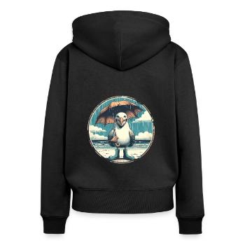 Mouette rieuse avec bottes en caoutchouc et parapluie - Sweat à capuche zippé Premium bio Femme - noir - Dos - Julia (174cm)