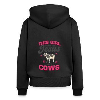Kuh Bauer This Girl Runs On Jesus And Cow - Frauen Premium Bio Zip Hoodie - Schwarz - Hinten - Julia (174cm)