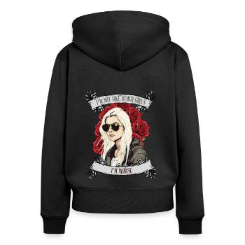 Ich bin nicht wie andere Frauen, ich bin schlimmer - Frauen Premium Bio Zip Hoodie - Schwarz - Hinten - Julia (174cm)