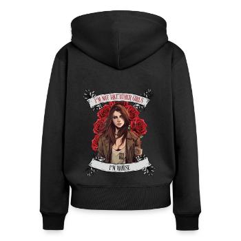 Ich bin nicht wie andere Frauen, ich bin schlimmer - Frauen Premium Bio Zip Hoodie - Schwarz - Hinten - Julia (174cm)